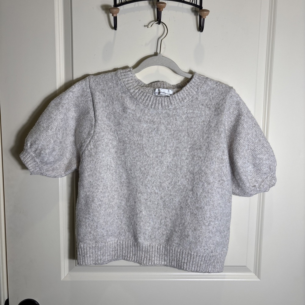 Zenana Womens Medium‎ Short Sleeve Sweater Cream Knit Crewneck Soft Casual Top